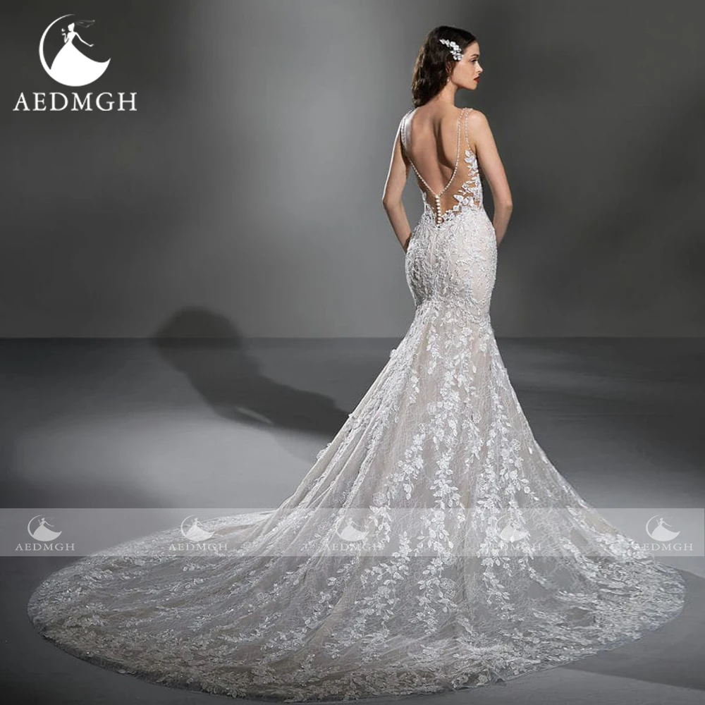 Aedmgh حورية البحر فساتين زفاف مثيرة صدفي بلا أكمام فيستدو دي نوفيا الدانتيل والتطريز خمر مخصص زي العرائس