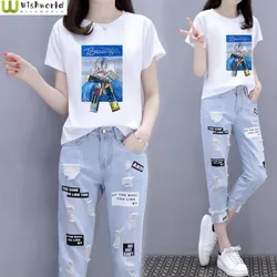 Fashion Women's Suit 2023 Spring and Summer Korean Version Small Daisy T-shirt Women+torn Jeans Two-piece Set