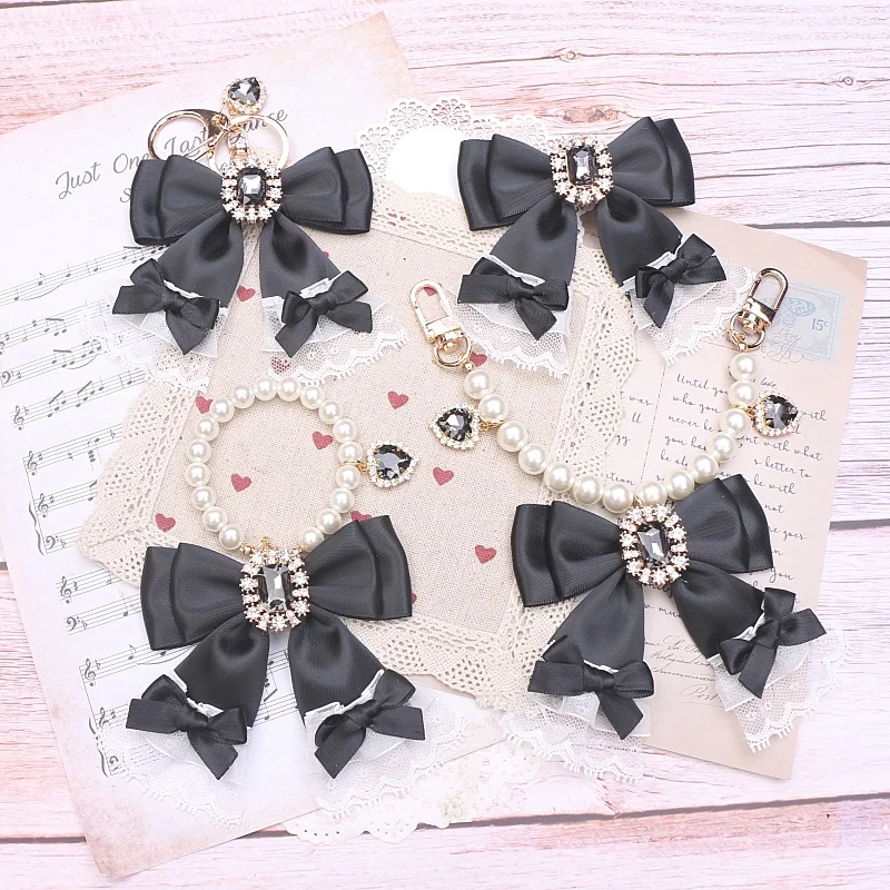 Handmade Bow Lace Rhinestone Stringed Pearls Handbag Pendant Japanese Female Girls Cute Bag Charms Keychain Hair Clips