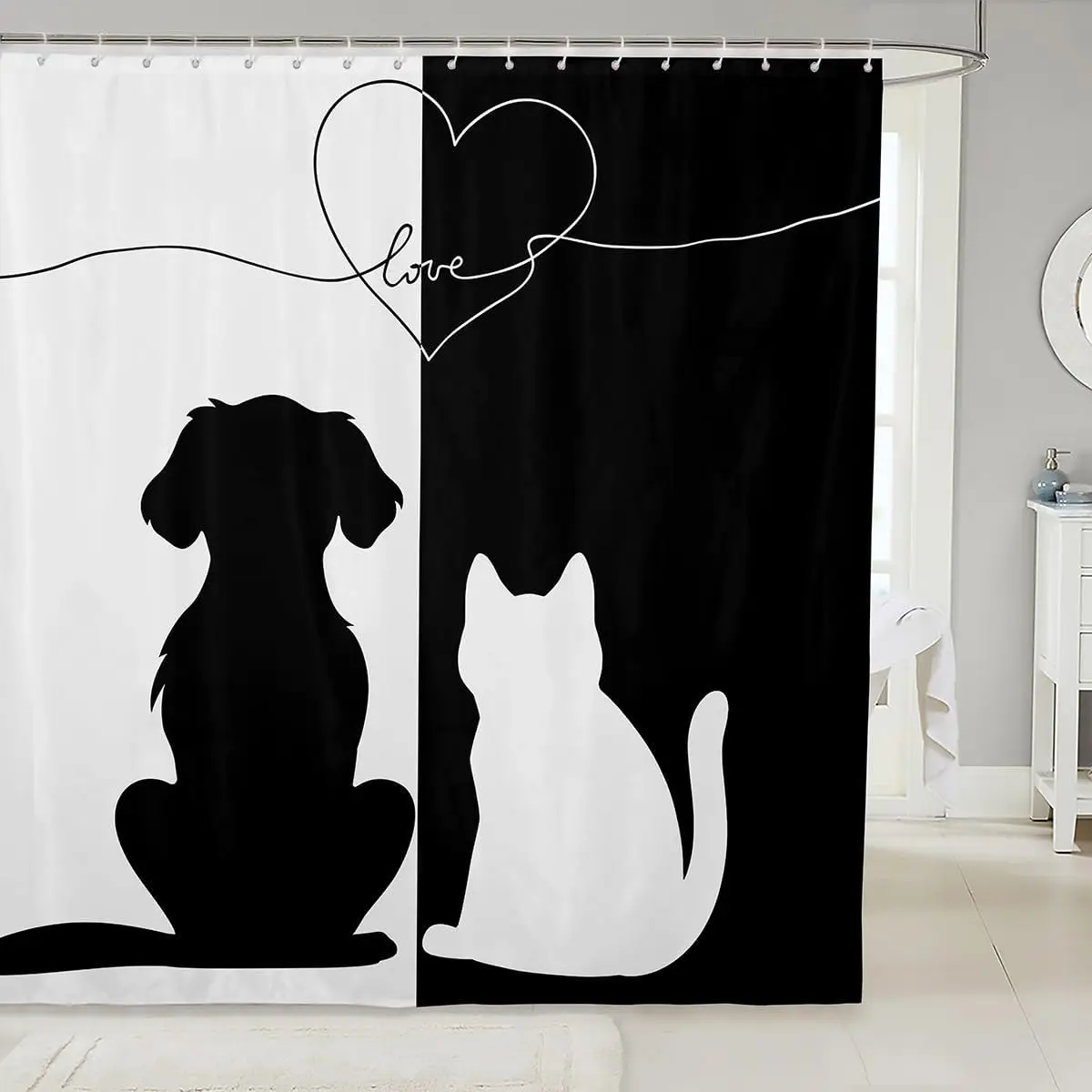 Black White Cat Dog Shower Curtain, Yin Yang Pet Silhouette Bath Decor, Love Heart Line Art, Waterproof Polyester Fabric