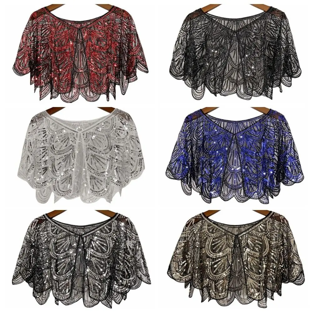Fashion Ruffle Sequins Poncho Coat Blingbling Mesh Sequins Shawls 1920s Theme Short Cape Flapper Shawl Ladies
