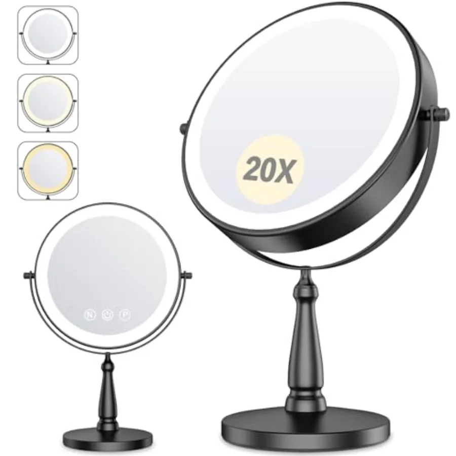 

Зеркало для макияжа с подсветкой, 20-кратное увеличительное зеркало с подсветкой для женщин, косметическое зеркало с подсветкой и 3 цветами, 2-стороннее, 5000 мАч