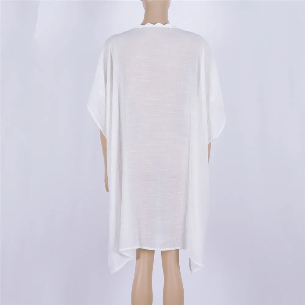 Robe de plage blanche brodée pour femmes, couleur unie, manches évasées, franges, vêtements de plage, 2024