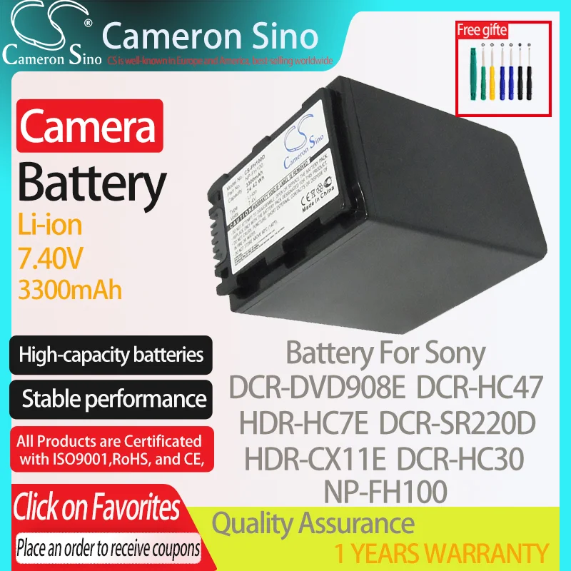 CameronSino Battery for Sony DCR-DVD908E DCR-HC47 HDR-HC7E DCR-SR220D HDR-CX11E fits Sony NP-FH100 Digital camera Batteries