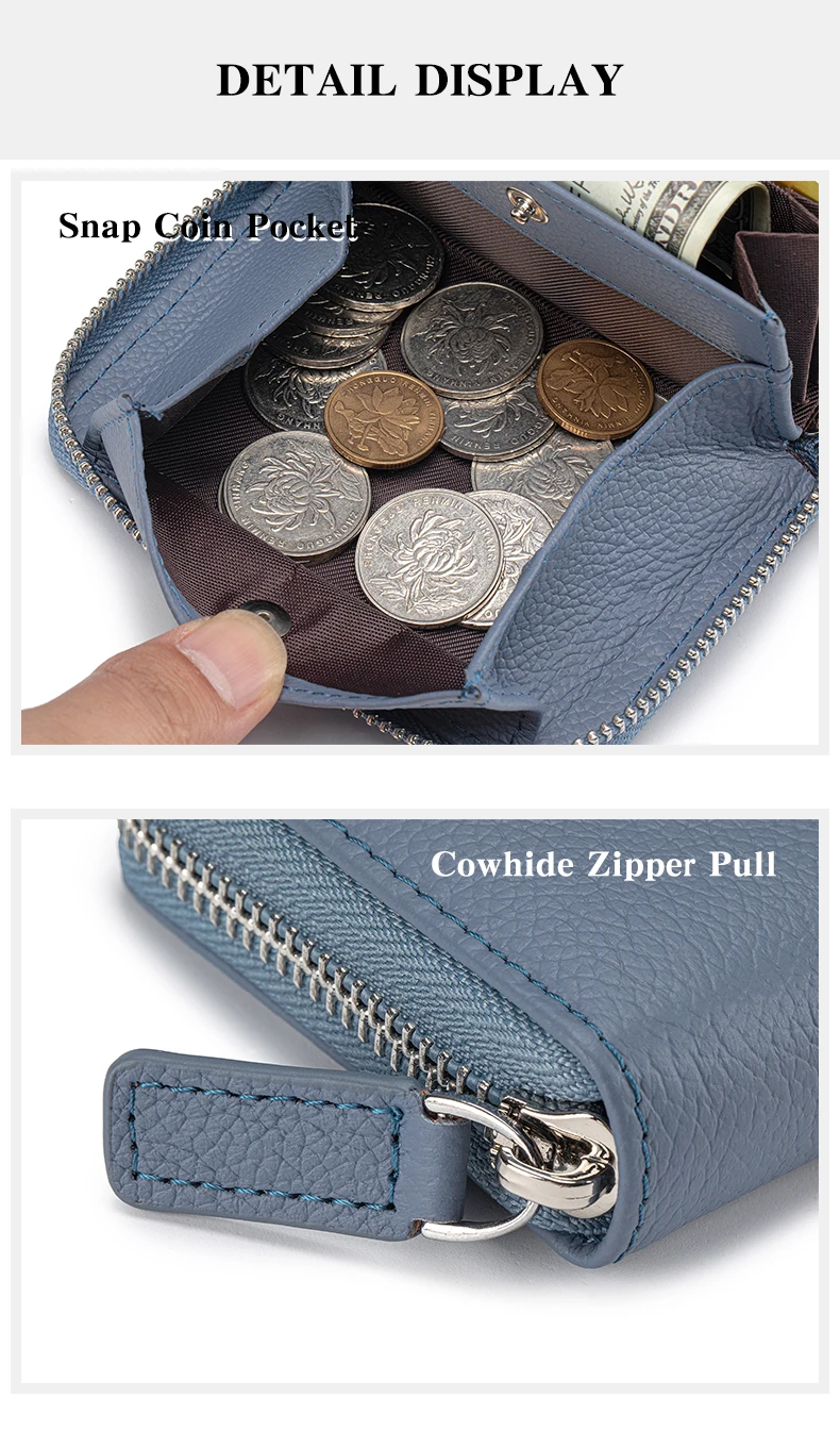 Genuine Leather Small Accordion Card Cases Holder For Women RFID Blocking Zipper Credit Card Wallet with Coin Pouch 2 Cash Slot