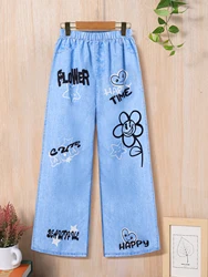Children's fall fashion for girls and teenagers, imitation denim print, micro-elastic outdoor casual baggy straight-leg pants