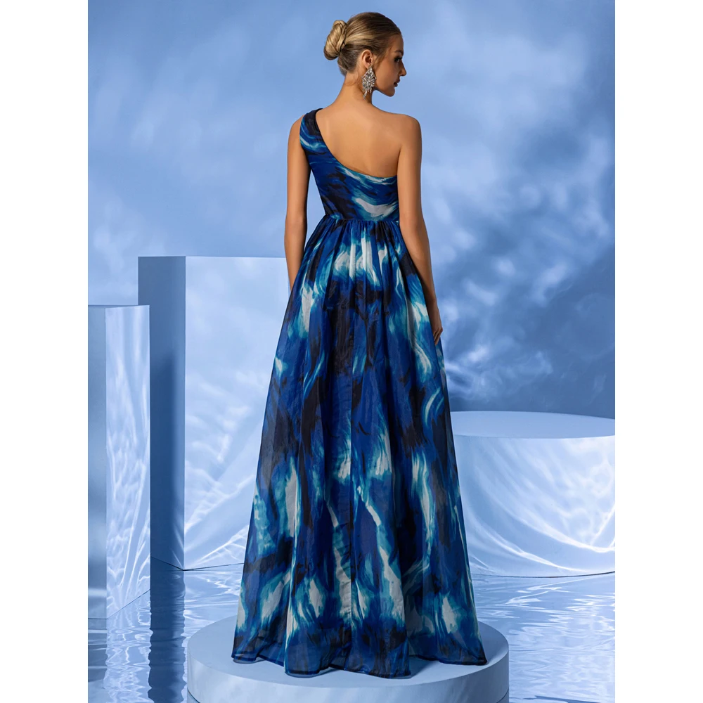 DEERVEADO Elegant A Line One Shoulder Tie Dye Evening Dresses Long Women\'s Slit Wedding Party Dress Formal Occasion Dresses