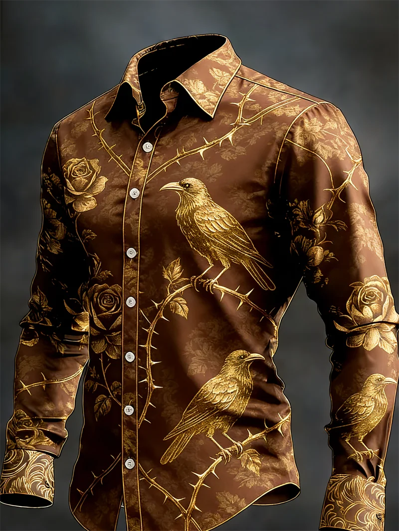 New 11 color men's long sleeved lapel shirt fashionable 3D printed crow pattern luxurious long sleeved shirt