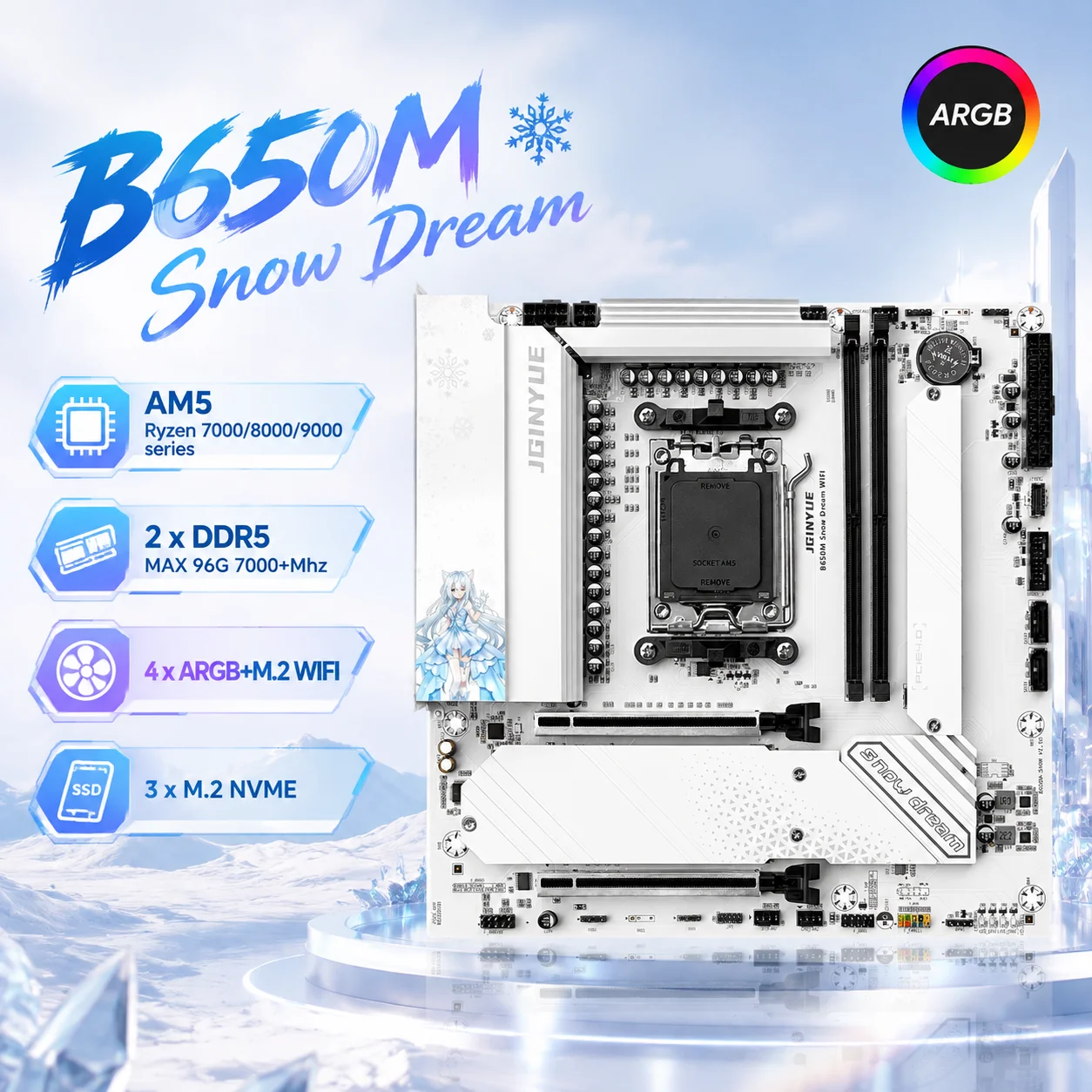 JGINYUE B650M AM5 Motherboard-Set unterstützt Ryzen 7000/8000/9000 Serie, DDR5-Speicher bis zu 96G, ARGB, PCIe 4.0×4, M.2, Type-C, M-ATX.