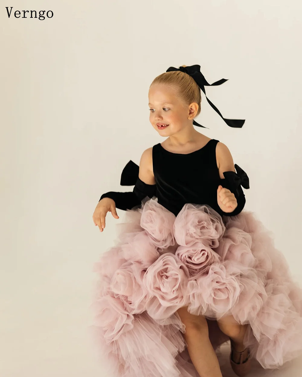 Verngo-vestidos de tul rosa con flores para niña, vestido de baile sin mangas con cuello redondo alto, vestido de fiesta de cumpleaños personalizado