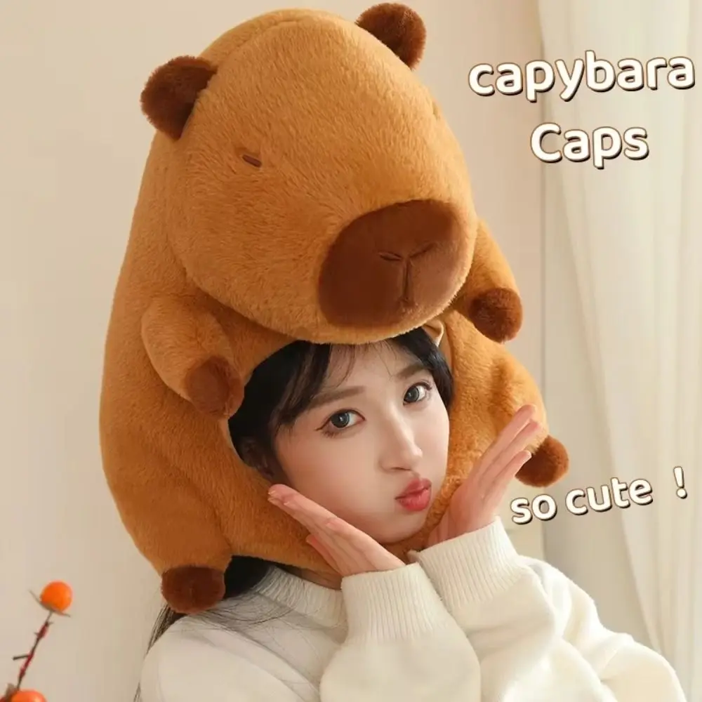 Stuffed Doll Capybara Plush Hair Cap Thick Fluffy Capybara Head Mask Collection Soft Plush Animal Rodent Hat Children Gift