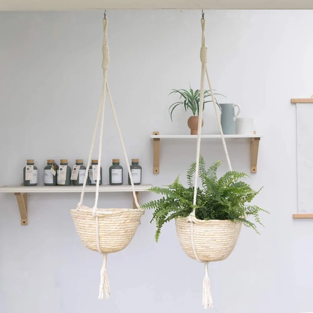 2PCS Corn husk rope Hanging Planter Basket Beige Dural Layer Woven Plant Pot Hanger Hand Woven Waterproof Plastic Liner