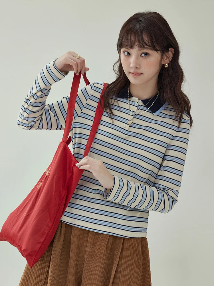 

AMUU Original Long Sve Turn-down Collar Striped T-irt Women's Autumn New Sle Commute Top Color Blo Casual Cotton Blend