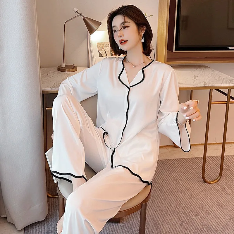 High Quality Ice Silk Pajamas Suit Women Summer Fall Long-sleeved Set Korean Version Solid Cardigan Large-size Loungewear Female