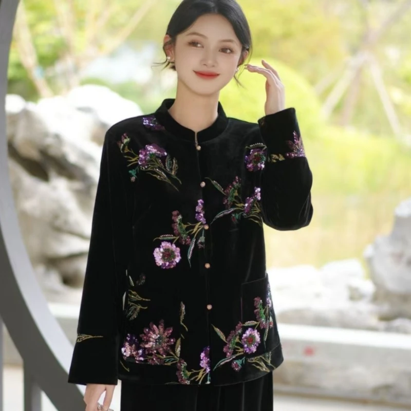 

Spring Fall Women Vintage Sequined Flower Embroidery Patchwork Black Velvet Coat , Woman Chinese Style Velour Coats