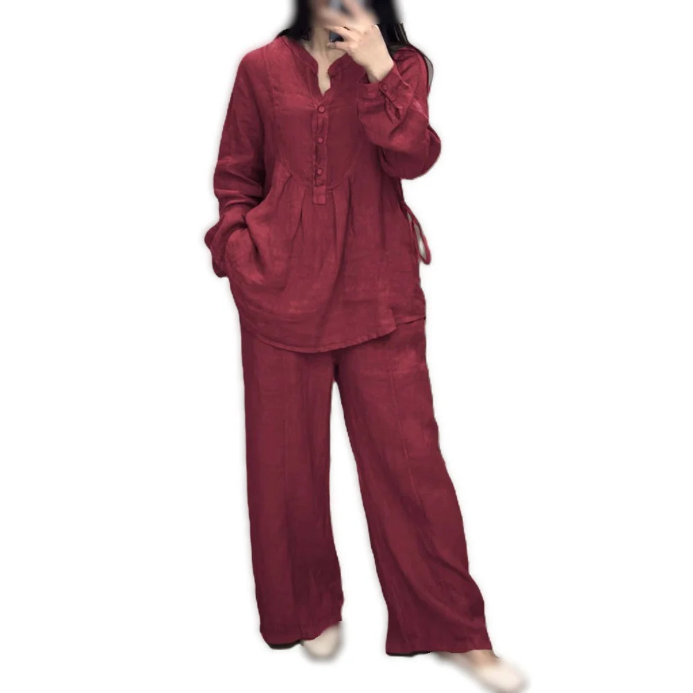 Womens Solid Color Coordinated Outfit with Long Sleeve Blouse and Wide Leg Trousers Made from Soft Polyester Fabric