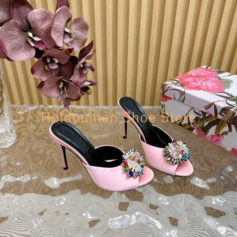 

Multicolor Satin Rhinestone Buckle Vintage Slippers Luxury Patent Leather Classic Peep Toe Stiletto Banquet Gown Fashion Shoes
