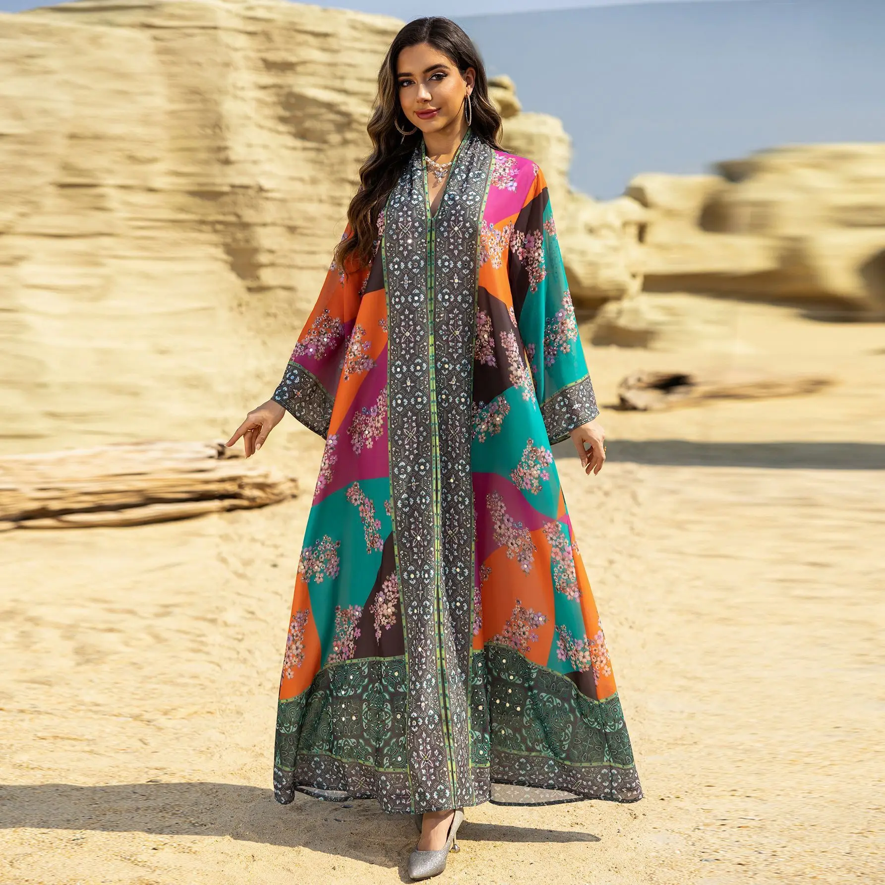 

Ab451 2026 New Fashion Printed Dress With Rhinestone Embellishments Long Dress Robe Abaya Ramadan Dubai Luxury Islam Elegant