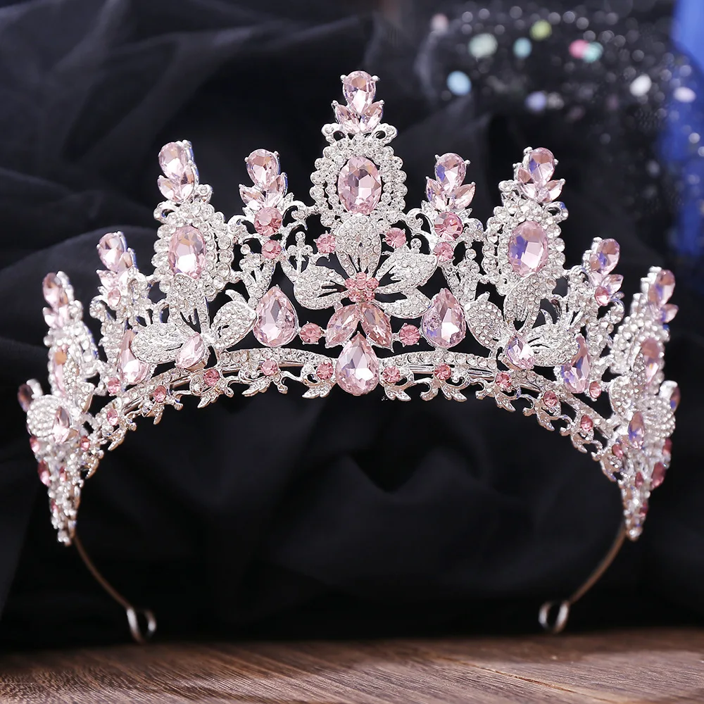 Luxury Silver Color Pink Crystal Royal Queen Wedding Crown Rhinestone Prom Diadem Pageant Headdress Bride Tiara Hair Accessories