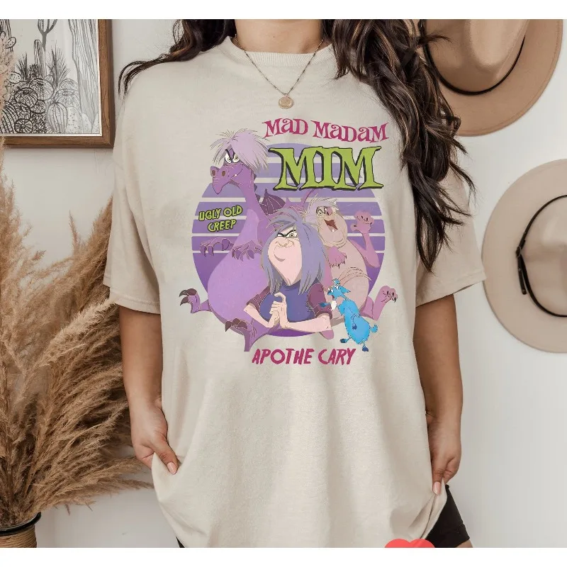 Koszulka Retro Disney Villain Crazy Lady Mim, koszulka z motywem Miecza w Kamieniu, całoroczna, neutralna, z czystej bawełny, casualowa koszulka modowa
