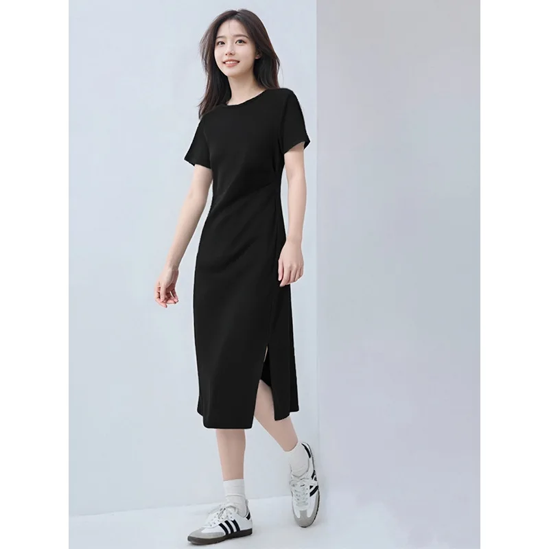 Summer New Women's Short Sleeve Dress Waist Cinched Midi Black Split Slimming Beach Vacation Cotton Polyester round Neck A-Li...