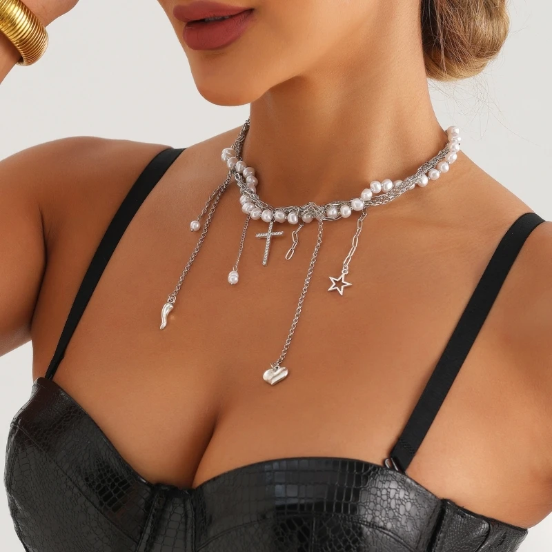 Unique Layered Beaded Necklace with Stylish Pendant Choker Necklaces Chain Neckwear Fashion Jewelry Gift for Women Girls