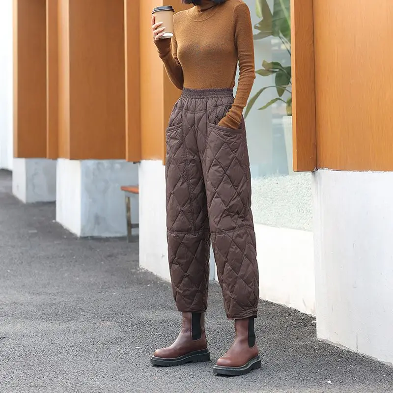 Pantalones Haren elásticos de cintura alta para mujer, forro polar de bolsillo sólido elegante y cálido, pantalones de algodón sueltos versátiles de plumón, moda de invierno, nuevo