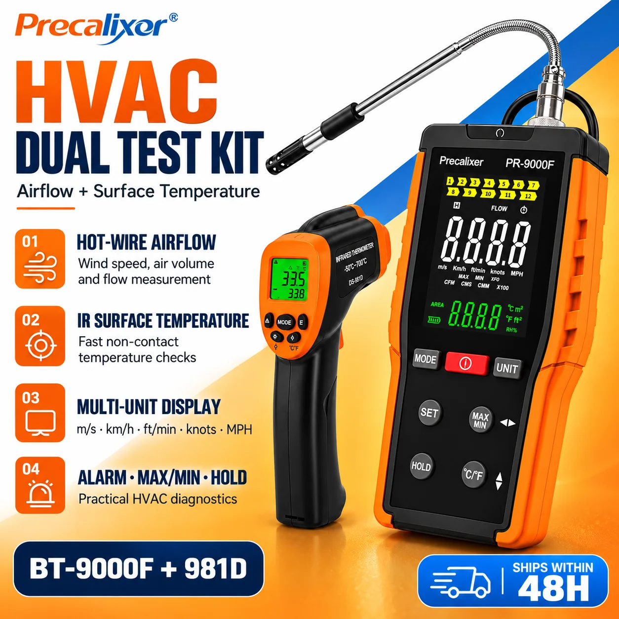 HVAC Anemometer Hot Wire Wind Speed Gauge IR Laser Thermometer 2-in-1 Combo for Air Conditioning Duct Vent