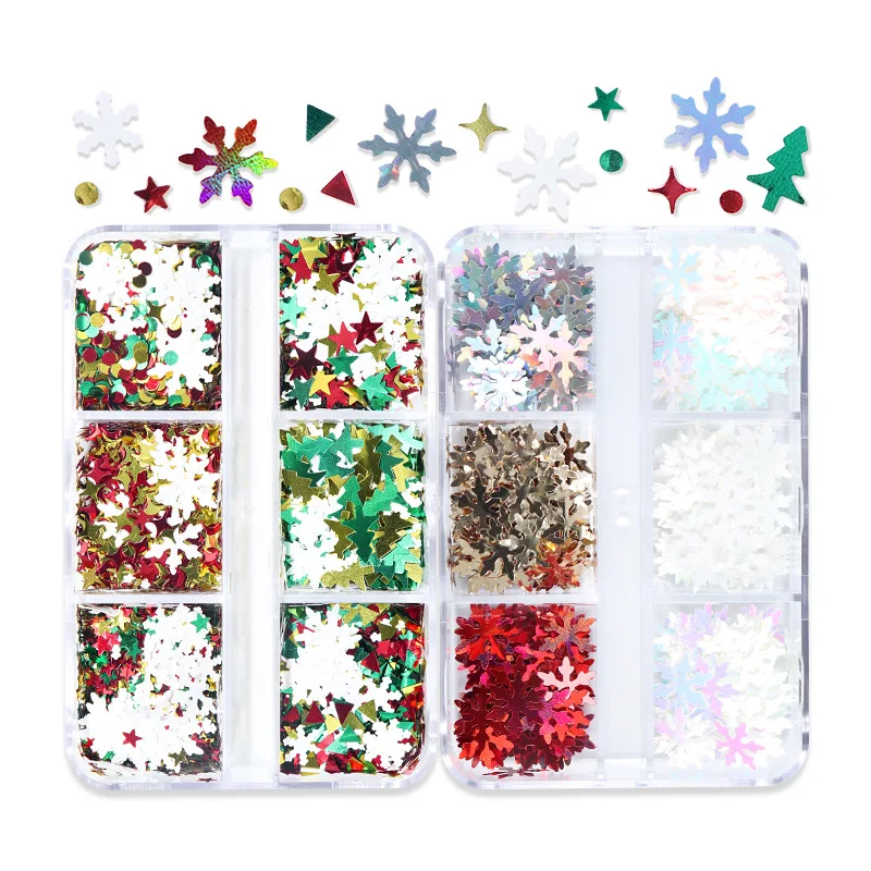 Lentejuelas de purpurina para uñas, copos de nieve de Navidad, estrella de copo de nieve láser mixta 3D, copos de árbol de Navidad, decoración de manicura, 6 rejillas