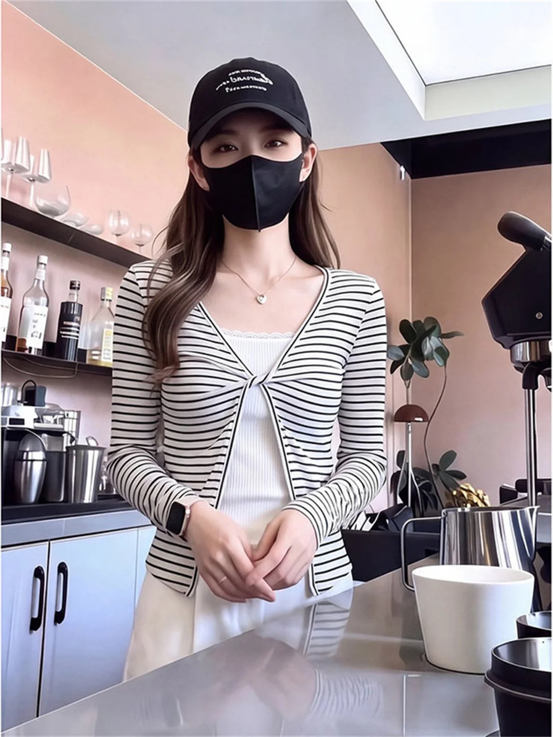 Sweet Twist Fake Two-Piece Striped Long Sleeve Women's T-Shirt Slimming Stylish Autumn Fashion French Style Breathable Sweat-...