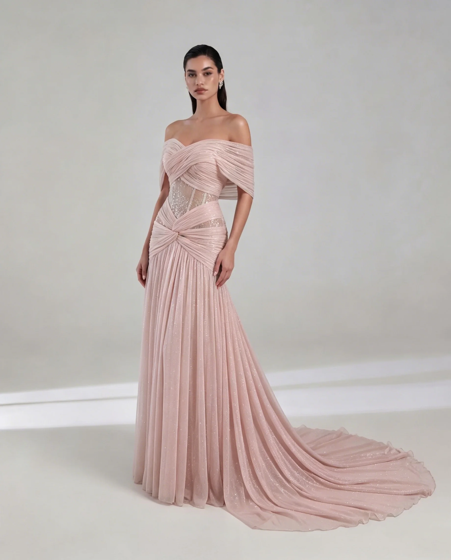

Elegant Chiffon Evening Dress Exquisite Sweep Train Prom Dresses Fashion Off the Shoulder Customized Special Occasion Gowns
