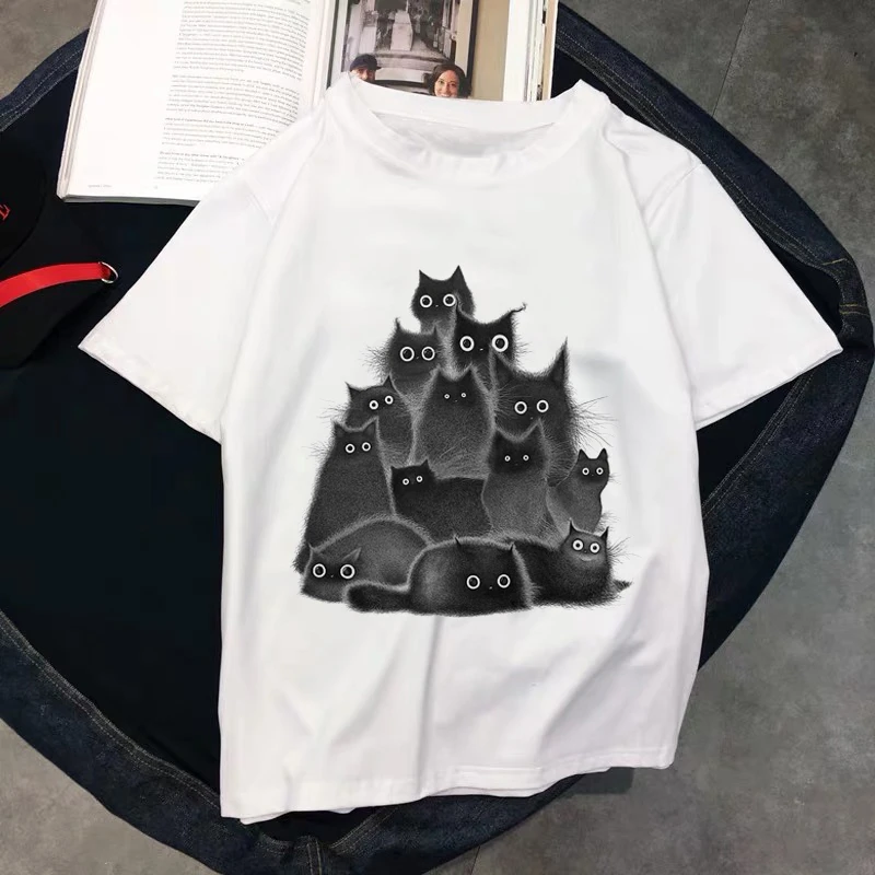 

Cartoon Plush Black Cat Graphic Printing Summer Luxury Brand Pure Cotton Men's and Women's T-shirt Short Sleeve Street Fashion