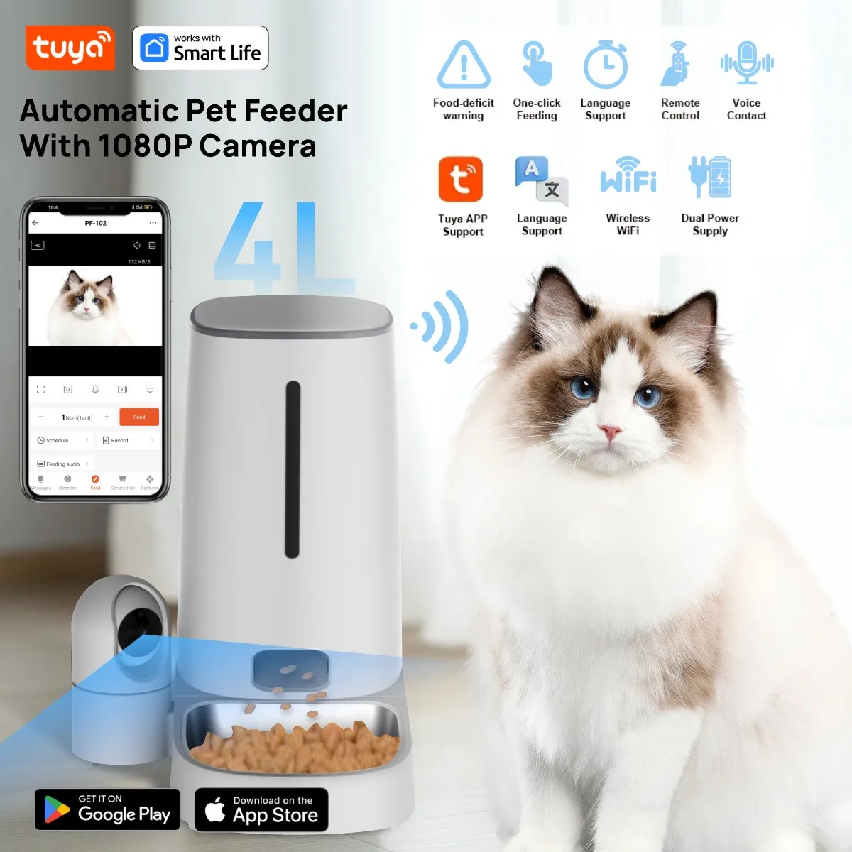 4L Tuya Smart Automatic Cat Feeder:3MP HD Camera,APP Control,pet Recognition,Timed Feed,Precise Portion,Jam-Free10S Voice Record