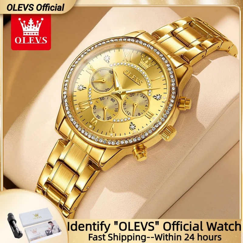 OLEVS-reloj de cuarzo de lujo para mujer, pulsera de mano elegante con diamantes dorados de acero inoxidable, tres esferas pequeñas, luminoso, resistente al agua