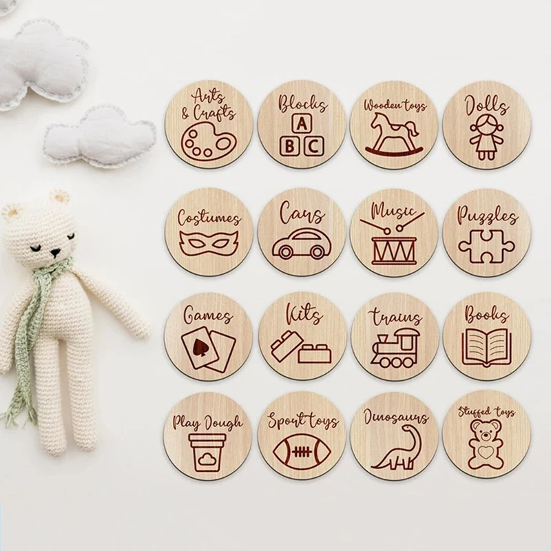 Wooden Storage Tags  Nursery Decor  Storage Labels with illustrations Playroom Toy Signs rounds bundle