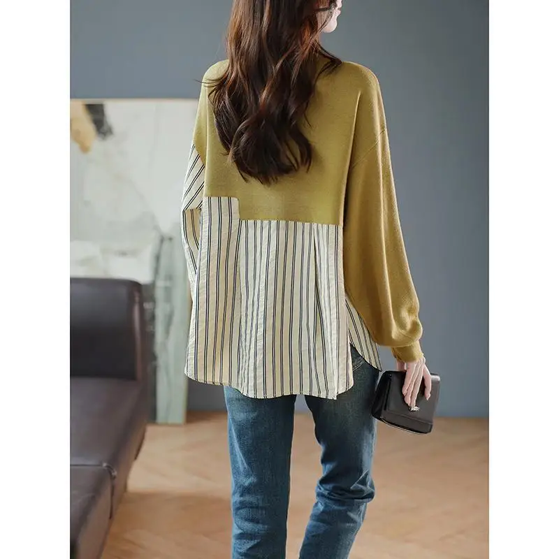 Simplicity Spring Women\'s O-Neck Button Striped Fake Two Pieces Patchwork Fashion Casual Loose Long Sleeve Mid-length Shirt Tops