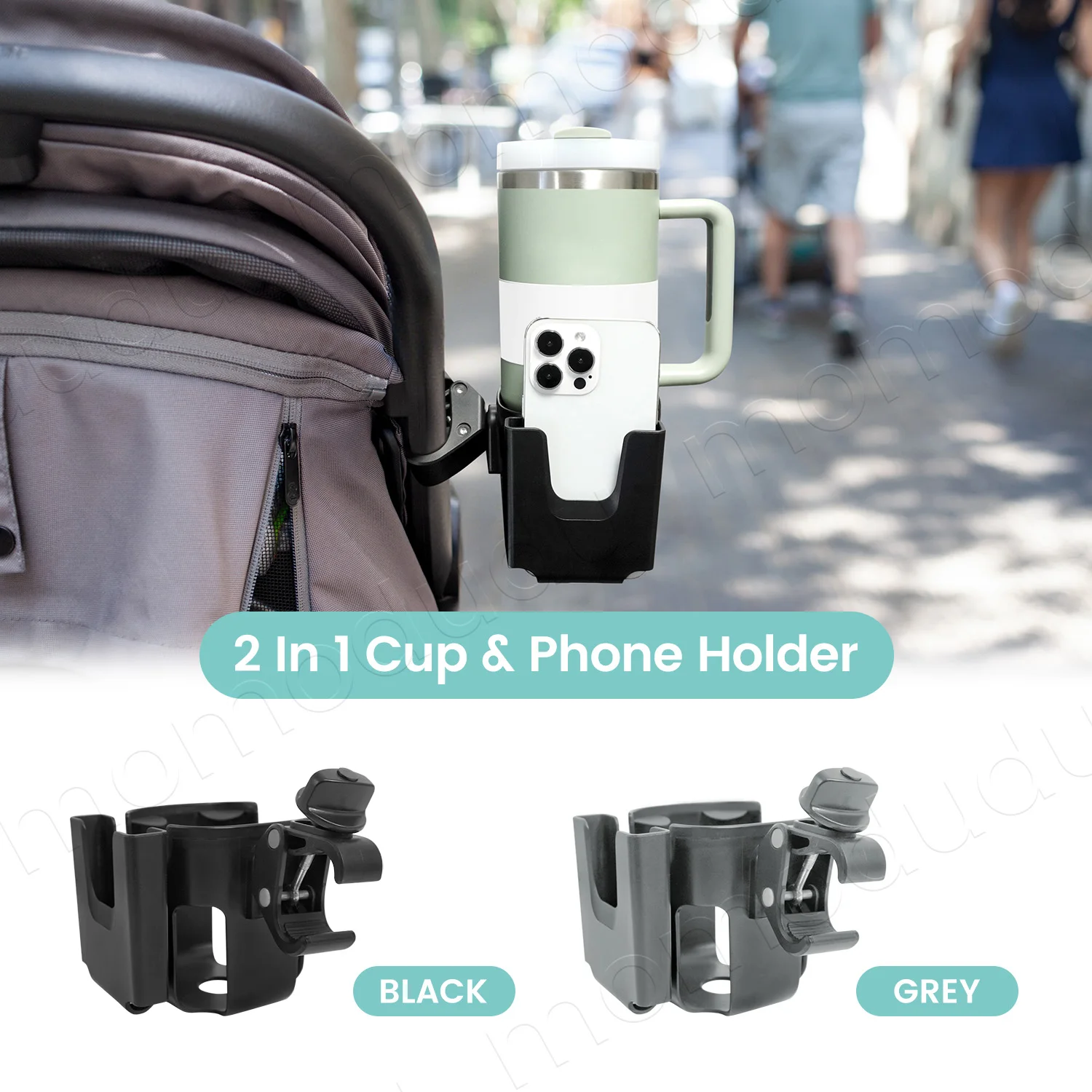 2-in-1 Large-Size Universal Stroller Cup Holder with Phone Holder - 360° Rotatable Adjustable Clamp, Detachable Stand