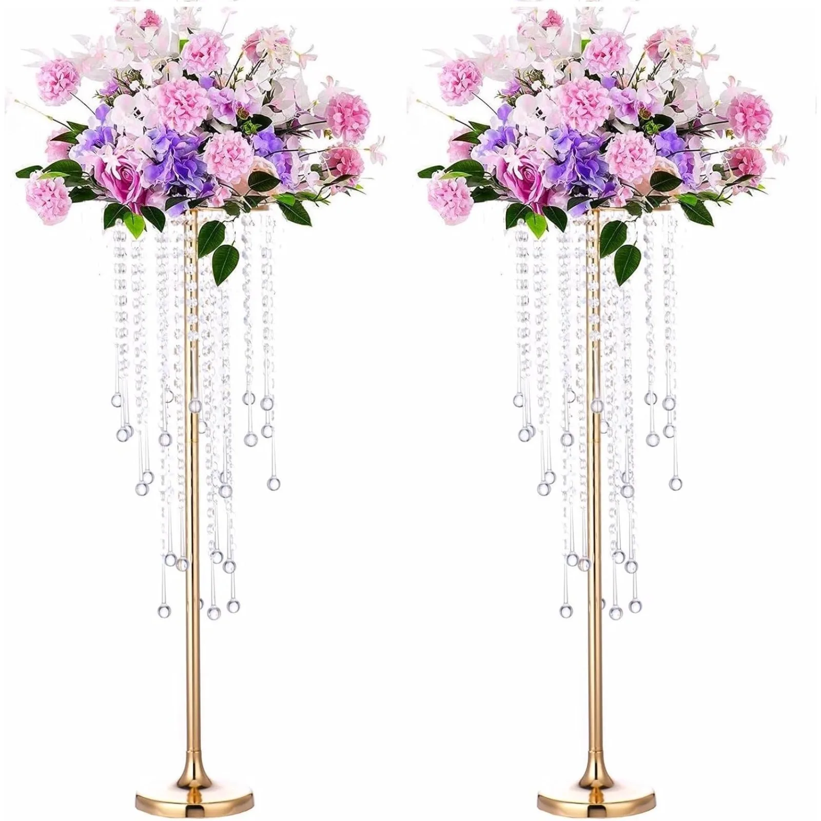 

US 29.5in Elegant Tall Gold Wedding Centerpiece Stand, 2Pcs Metal Flower Candle Holder with Sparkling Crystal Beads