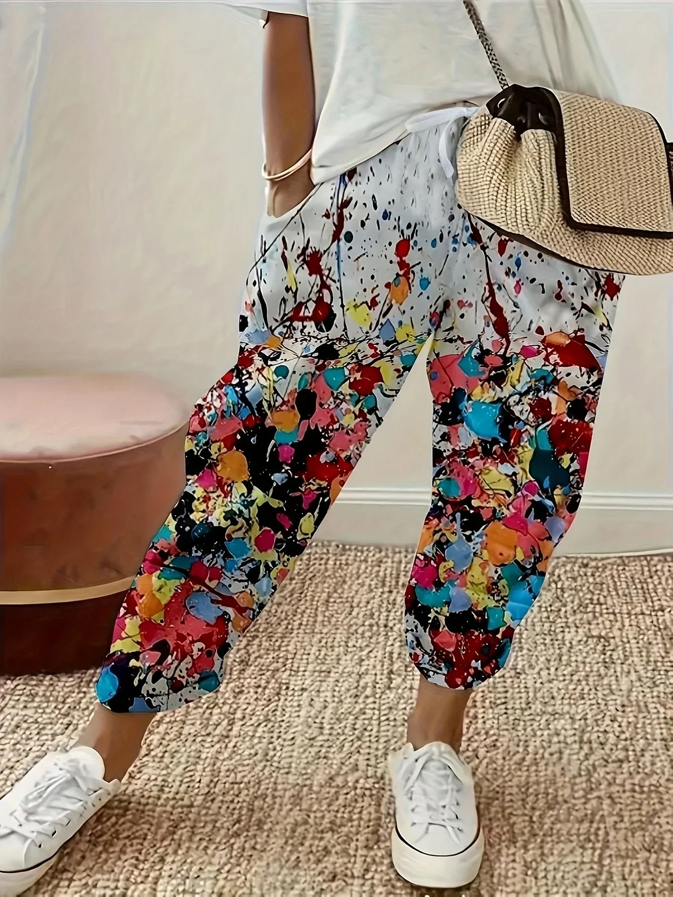 

Plus size 1XL-5XL Women Fashion Print Bottom Sweatpants Pockets High Waist Sporty Gym Athletic Woman Clothing