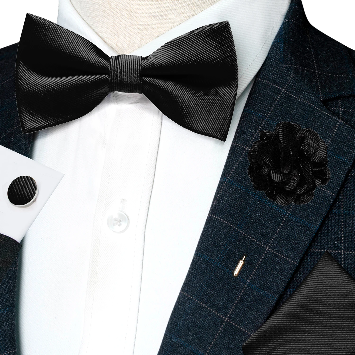 Hochzeits-Fliege für Herren, einfarbig rosa, vorgebundene Fliege, Einstecktuch, Manschettenknöpfe, Corsage-Set, Party, Business, Seiden-Schmetterlingsknoten, Geschenk – Detail 13