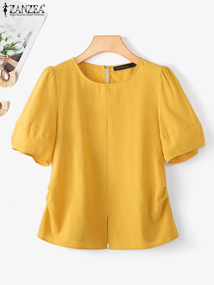 

2025 ZANZEA Elegant Solid Work Shirts Women Summer Blouses O Neck Short Sleeve Blusas Stylish Casual Office OL Tops Mujer Femme