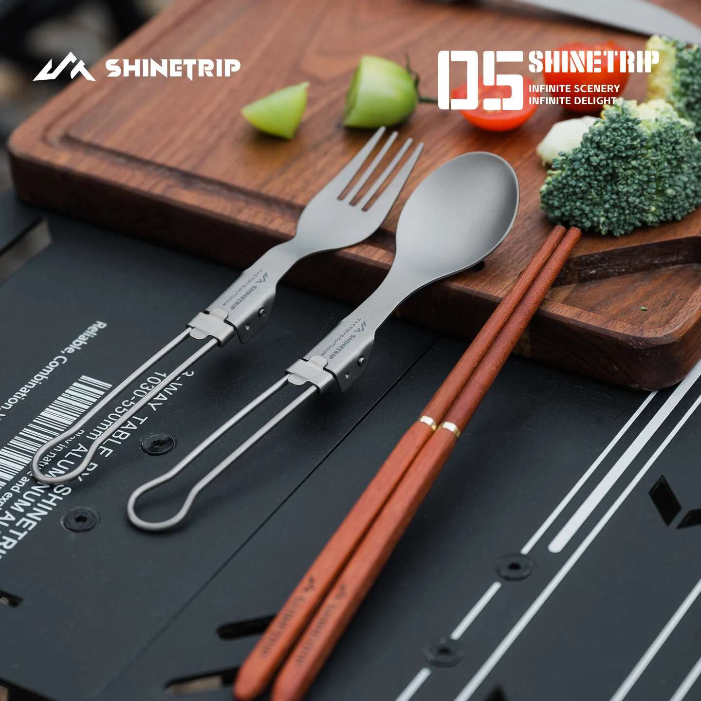 ShineTrip Portable Foldable Pure Titanium Tableware Set Includes Spoons Chopsticks Knives Forks For Outdoor Camping Picnicking