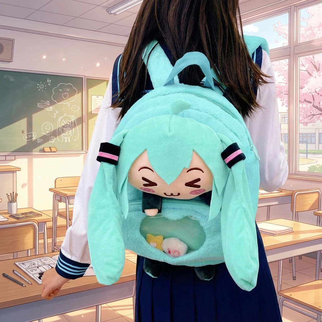 

New 2026 Cute Cartoon Future Girl Hatsune Miku Plush Shoulder Pain Bag Doll Backpack Large Bag Double Shoulder Bag