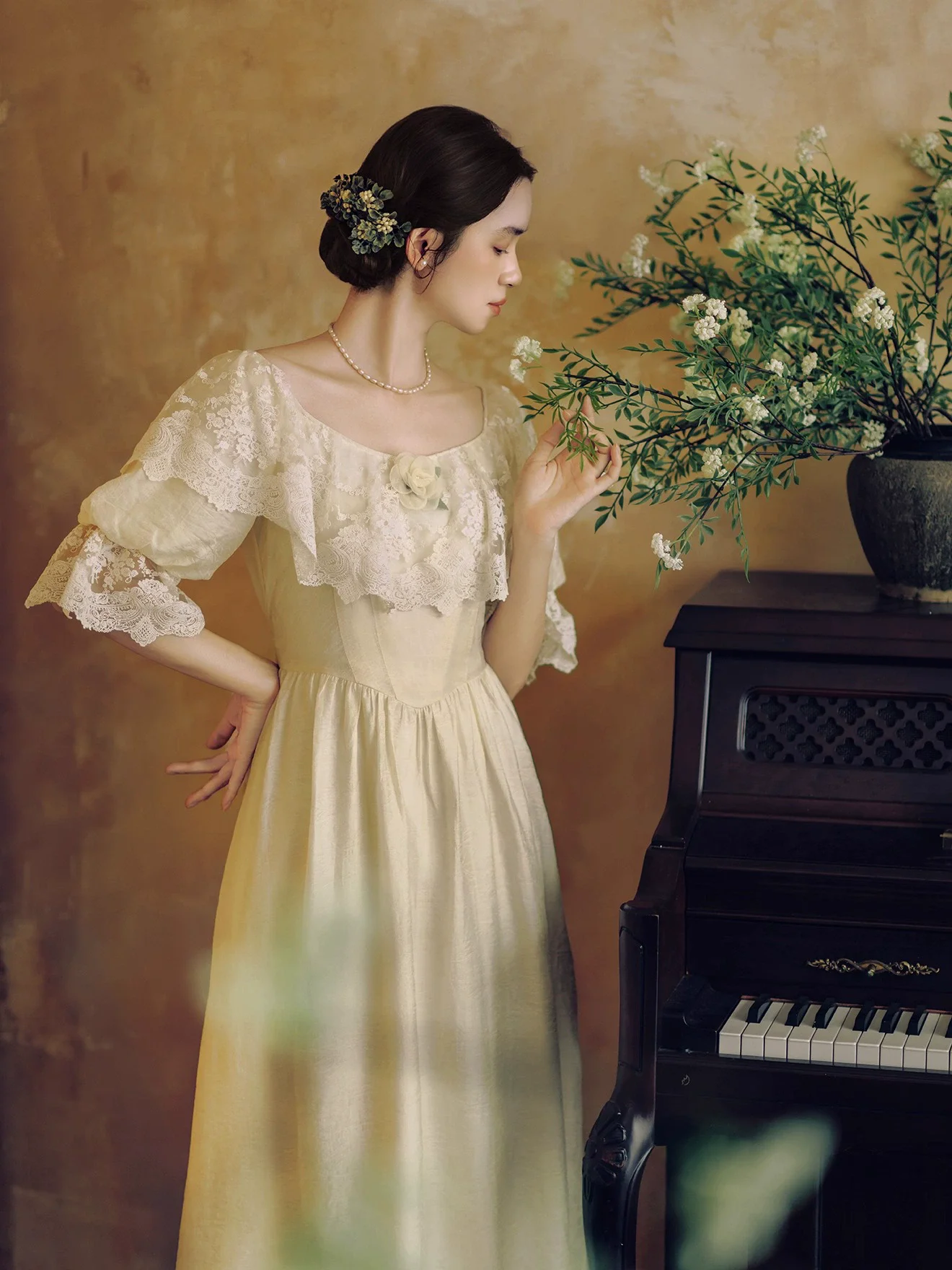 84-96cm busto Primavera Verano mujeres corte europea Vintage pintura al óleo estilo cintura delgada cómodo cuello de encaje vestidos Lyocell