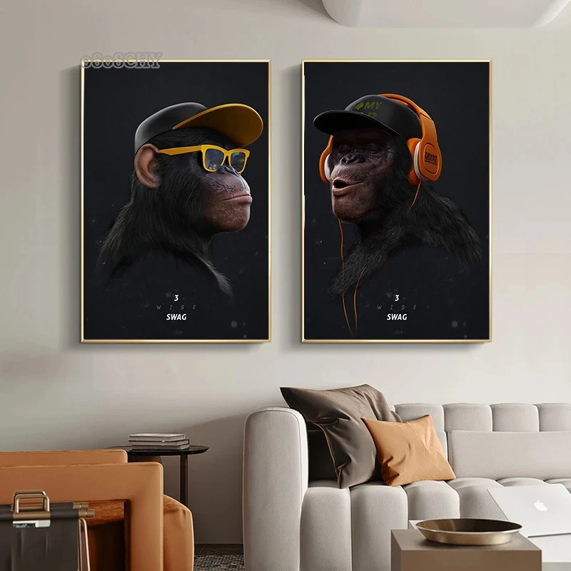 Three Cool Hip Hop Orangutans Canvas Painting Three Wise Swag Posters Listening To Music Monkeys Pictures for Home Decoration