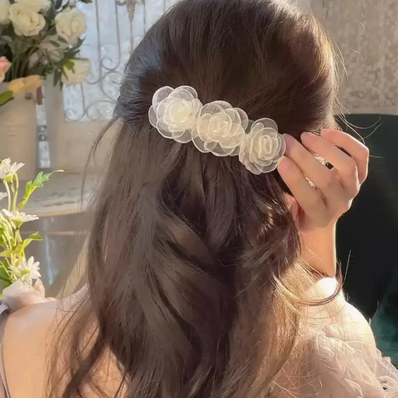 1 Stück weiße Rosenblüten-Haarspangen für Frauen, elegante Organza-Satin-Haarspangen, Braut-Haarschmuck für Hochzeit, Party – Detail 9