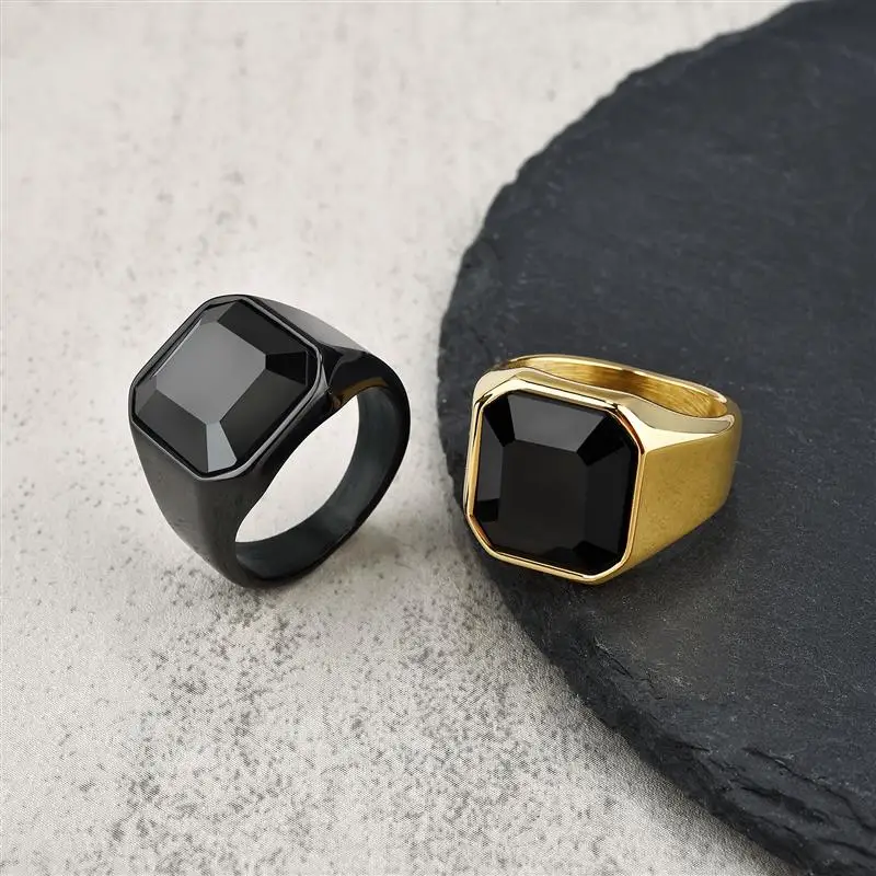 New Male Punk Rock Black Stone Stainless Steel Cubic Zircon Ring For Men Hip Hop Party Male Wedding Jewelry