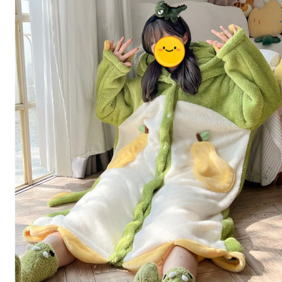 Winter Cartoon Dinosaur Pajamas Long Warm Coral Fleece Bathrobe Cute Funny Home Wear Set for Women Halloween Christmas Gifts