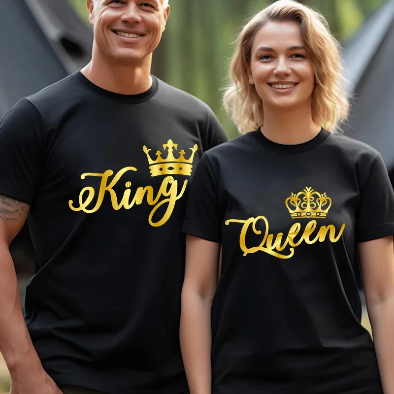 

New King Queen Mathing Tee Shirts for Couples Gold Letter Graphic Clothes Chic Lovers T Shirt Casual Summer Shirts for Men Women