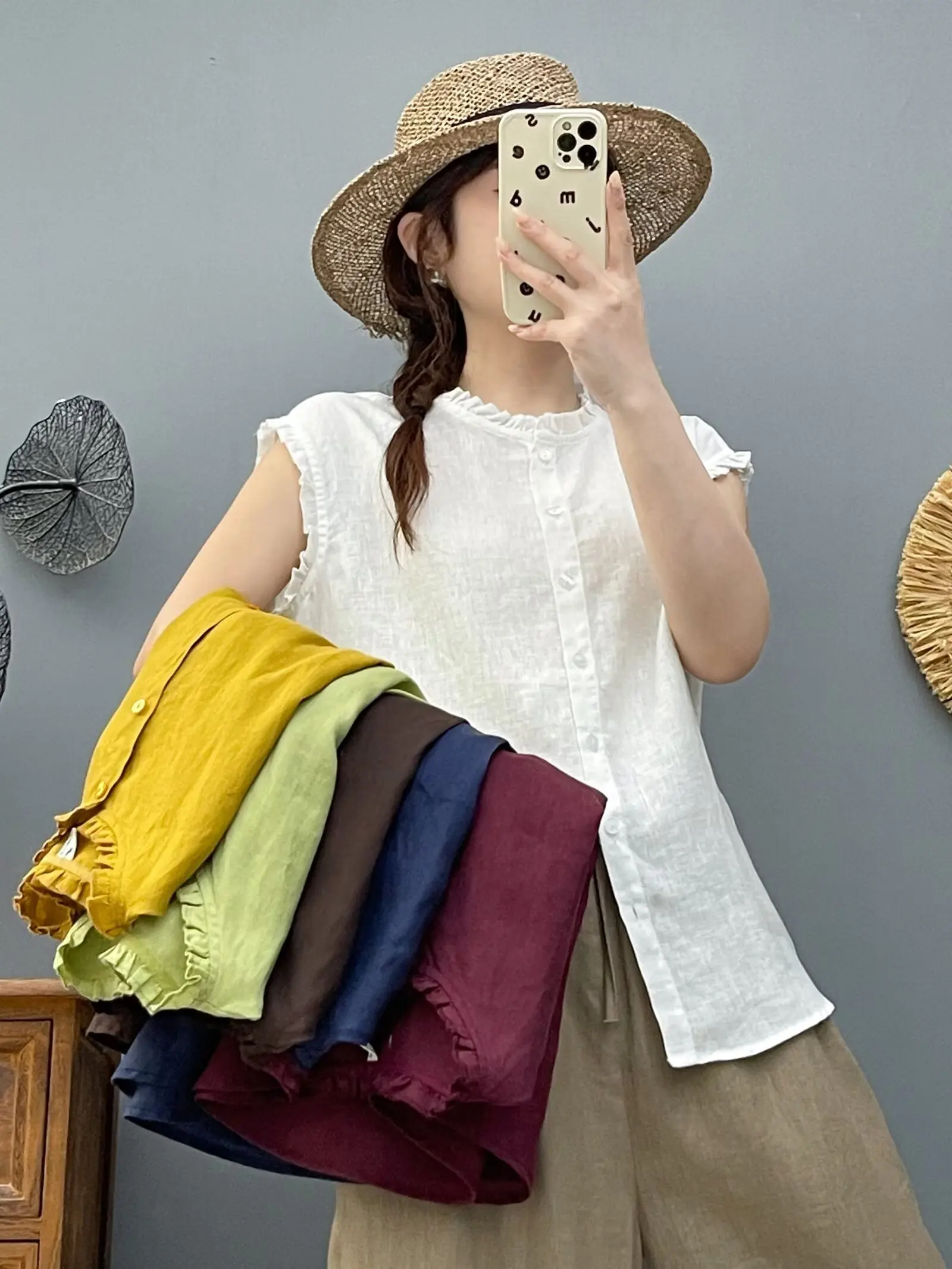 

Summer 2025 New Retro 00% Linen Svel round Ne irt Women's Ele Pure Color Versatile Top Commute Sle Loose Fit